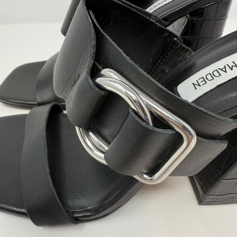 Steve Madden Sandals Women's 8.5 Leda Black Croc Embossed Leather Block Heel - Picture 5 of 15